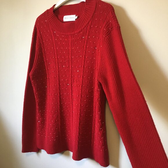 Vintage 80s Cherry Red Cable Knit Beaded Ribbed Sleeve Sweater - Picture 6 of 16